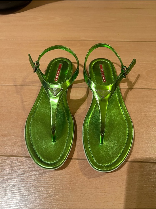 Prada Shoes - Prada Sport Metallic Lime Green T-Strap Slingback Sandals